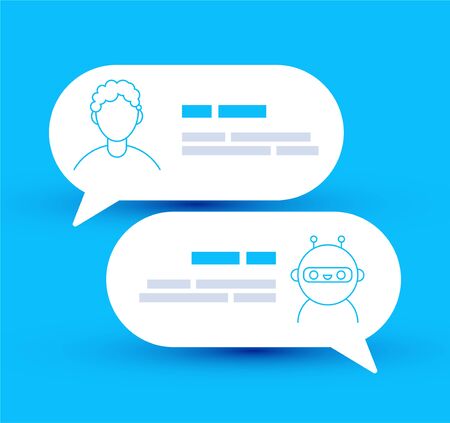 Vector lined modern style vector eps 10 illustration icon design. Chat bot robot concept, Dialog help service.Cute smiling chat bot is chatting with a person man. のイラスト素材