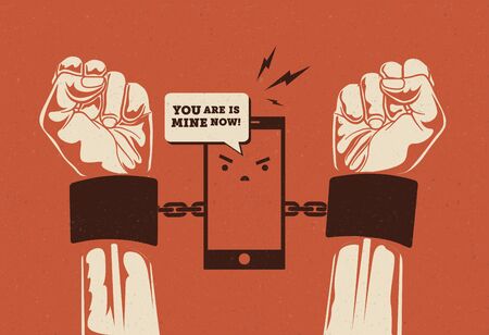 Smartphone addiction. Phone holding hands in cuffs. Conceptual vintage styled vector eps 10 illustration.のイラスト素材