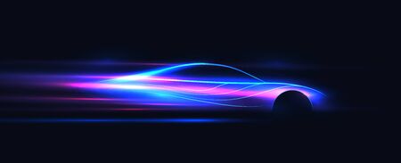 Side view neon glowing sport car silhouette. Abstract modern styled vector illustration.のイラスト素材