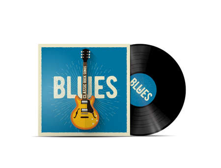 Realistic vinyl disc mockup with blues music cover with classic electric guitar on it. Works for blues rock playlist or album cover. Vector illustrationの写真素材