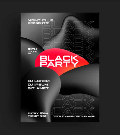 Black party flyer or poster or banner design template with minimalistic abstract black liquid shapes for night live club event. Vector eps 10 illustrationのイラスト素材