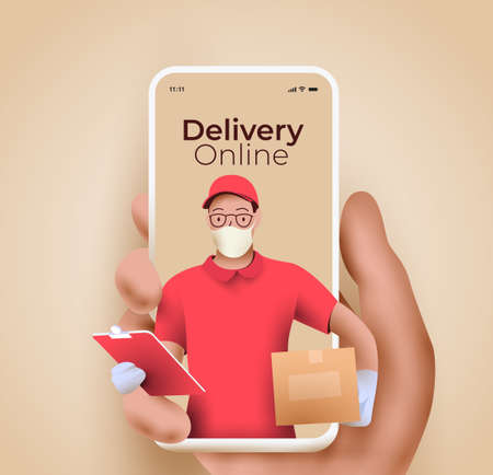 Online delivery service or delivery tracking mobile application concept with semi-realistic hand holding smartphone with courier with packing coming out from the screen. 3d vector eps 10 illustrationのイラスト素材