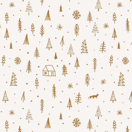Hand drawn Christmas pattern with fir and pine trees and house and fox silhouette. Xmas pattern for package or card or gift packing design. Gold elements on light background. Vector eps 10 illustrationのイラスト素材