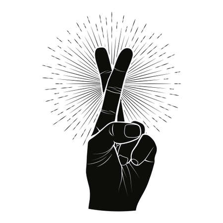 Crossed fingers. Black arm hand silhouette with crossed fingers sunburst isolated on white background surrounded. Get lucky or good luck wishing gesture. Vintage styled vector eps 10 illustration.のイラスト素材