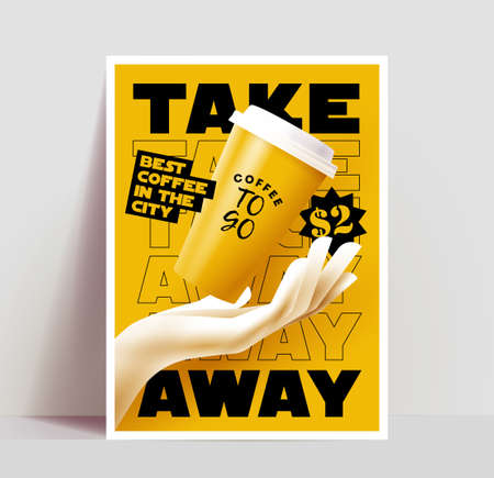 Coffee to go or take away poster or banner or flyer design template for coffee shop with realistic coffee cup falling into human hand on yellow background. Vector eps 10 illustrationのイラスト素材