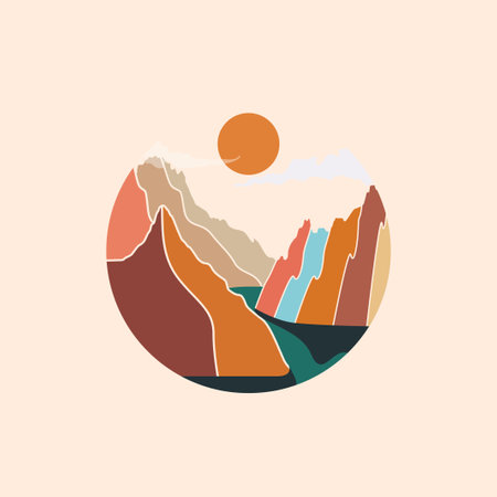 Circle shaped colorful abstract mountains landscape emblem or badge or wall art or sticker design template. Vector eps 10 illustrationのイラスト素材