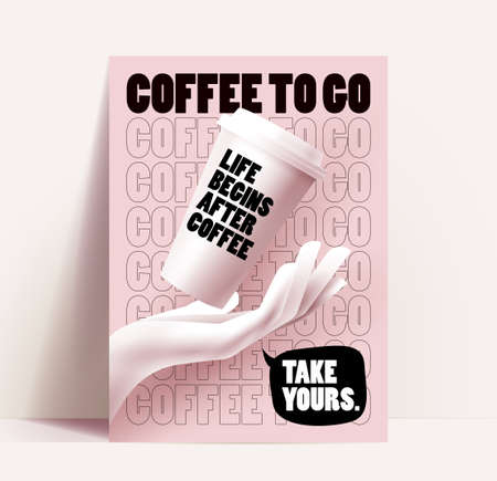 Coffee shop or cafe flyer or poster or banner design template with paper coffee cup falling into the hand on typographic pink background. Vector eps 10 illustrationのイラスト素材