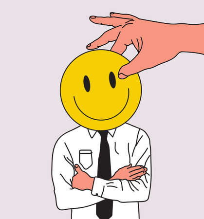 Hypocrisy or lie or fraud, and insincerity concept illustration with salesman or businessman or office clerk with smiled emoji instead head. Vector eps 10 illustrationのイラスト素材