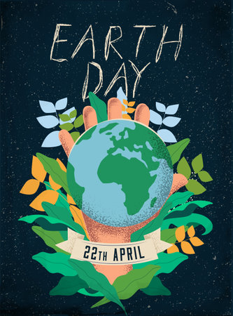 Earth Day poster design template concept with vintage textured human hand holding Earth planet on starry space background. Vector eps 10 illustrationのイラスト素材