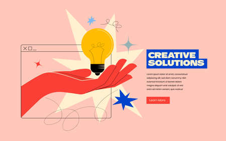 Creative solutions or ideas web banner design or landing page template for creative agency with hand comes out of the screen with light bulb and colorful abstract shapes. Vector eps 10 illustrationのイラスト素材
