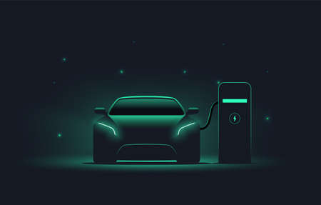 Electric car at charging station. Front view electric car silhouette with green glowing on dark background. EV concept. Vector eps 10 illustrationのイラスト素材