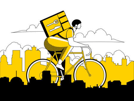 Courier or delivery guy on bicycle riding on city landscape silhouette in black and yellow colors. Food delivery service concept for banner or flyer or website design. Vector eps 10 illustrationのイラスト素材