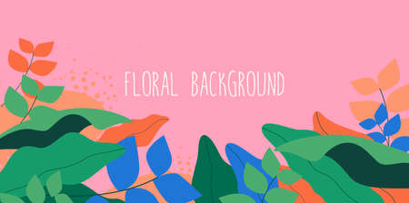 Abstract trendy minimalistic floral background with flat styled colorful tropical leaves on pink background for postcard or cover or greeting card design. Vector eps 10 illustrationのイラスト素材