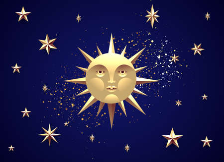 Full moon with fabulous golden face on night starry sky background. Mystic moon concept. Vector eps 10 illustrationのイラスト素材