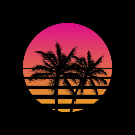Vintage styled sunset with palm trees silhouettes logo or icon gesign template on black background. Vaporwave sun. Vector eps 10 illustrationのイラスト素材