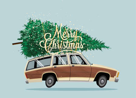 Classic vintage cartoon family car with Christmas Tree on the roof and Marry Christmas lettering. Christmas card or poster design template. Vector eps 10 illustrationのイラスト素材