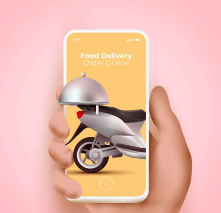 Food delivery service website or mobile application and online food ordering concept with hand holding smartphone with delivery scooter on the screen. 3d vector eps 10 illustrationのイラスト素材