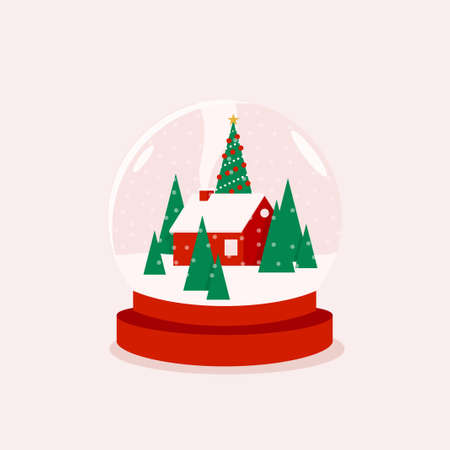 Christmas in a Globe or Christmas glass ball vector eps 10 illustration with red house and fir trees and christmas tree for xmas card or poster design.のイラスト素材