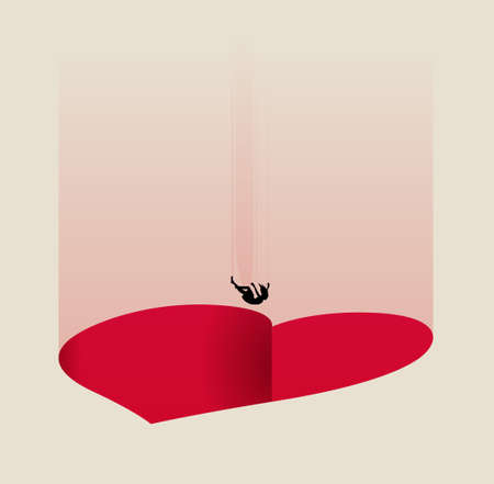 Fall in love or dependent relationship abstract metaphor concept with falling woman silhouette into the red heart-shaped abyss. Minimalistic vector eps 10 illustrationのイラスト素材