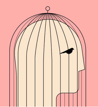 Comfort zone or self limit or inner prison psychological concept with human head silhouette in birdcage. Minimalistic vector eps 10 illustrationのイラスト素材
