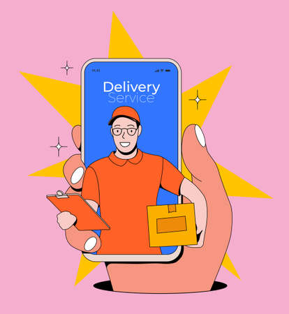 Online delivery service concept illustration with hand holding smartphone with courier or delivery guy comes out of the screen. Cartoon styled vector eps 10 illustrationのイラスト素材