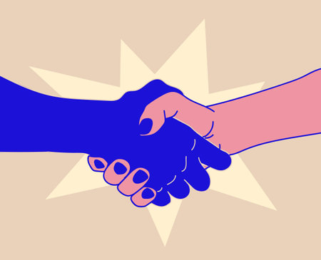 Handshake concept with two different colored shaking hands. Deal or greeting or meeting or contract concept vector eps 10 illustration.のイラスト素材