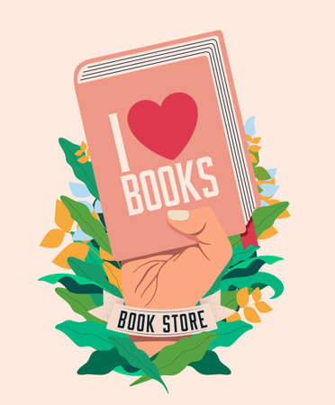 I love books. Book reading concept with raised hand holding book for poster or flyer or banner design for book store or fair or literature festival. Vector eps 10 illustrationのイラスト素材
