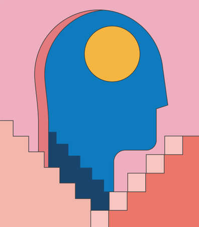 Insomnia, psychology mental health concept illustration with human head silhouette as doorway and abstract architecture stairways. Minimalist trendy flat styled vector eps 10 illustration.のイラスト素材