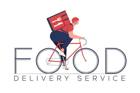Food delivery service concept with courier character on bicycle build in food word. Isolated on white background. Vector eps 10 illustrationのイラスト素材