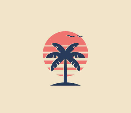 Vintage styled palm tree logo or icon design with palm silhouette and red sun on background. Minimalistic vector eps 10 illustrationのイラスト素材