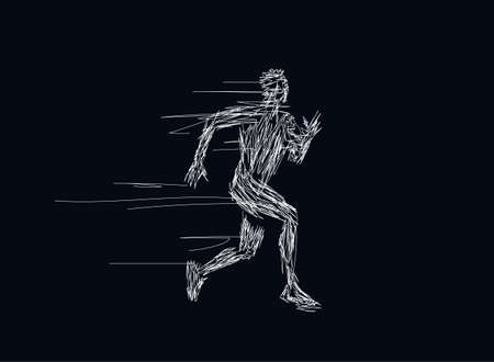 Runner. Sketch drawing of the running men in motion white silhouette isolated on black background. Minimalistic simple art. Vector eps 10 illustrationのイラスト素材