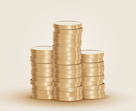 Stacks of gold coins on light background. Money or currency or finance or investment or salary concept. Realistic vector eps 10 illustrationのイラスト素材