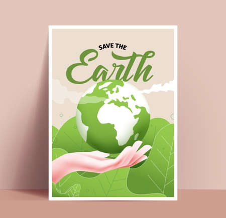 Save the Earth poster or card or invitation on banner design template for International Earth Day with hand holding Earth planet on green floral background. Vector eps 10 illustrationのイラスト素材