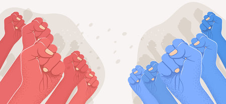 Group of raised red arms against group of blue raised arms. Opposition, confrontation, versus concept. Left vs right. Vector eps 10 illustrationのイラスト素材