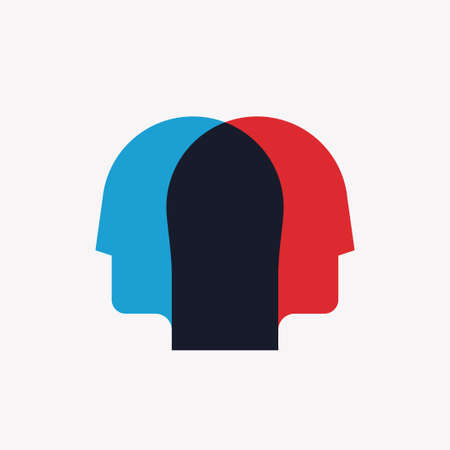 Split personality, psychosis, mental health concept with two crossed human heads silhouettes in red and blue colors. Vector eps 10 illustrationのイラスト素材