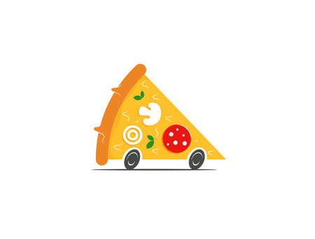 Pizza delivery logo concept. Slice of the pizza with wheels on high speed. Vector eps 10 illustration isolated on white backgroundのイラスト素材