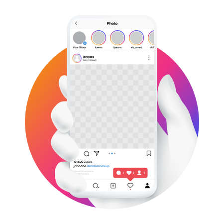 Hand holding smartphone with mobile social media application screen mockup. post photo frame mock up. Isolated on white background. Vector eps 10 illustration.のイラスト素材