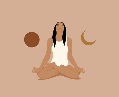 Girl or woman meditate in lotus asana or position with sun and moon on both sides. Meditation or inner balance concept. Trendy minimalistic pastel terracotta colored vector eps 10 illustration.のイラスト素材