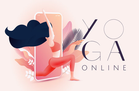 Yoga online concept with girl in asana stepping out from smartphone screen. Online yoga class banner or post image design template. Vector eps 10 illustrationのイラスト素材