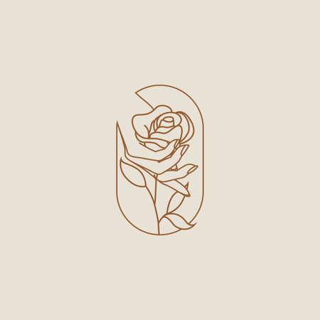 Female hand holding flower of rose logo or icon design isolated on light background for beauty saloon or flower shop or personal brand. Outlined vector eps 10 illustrationのイラスト素材