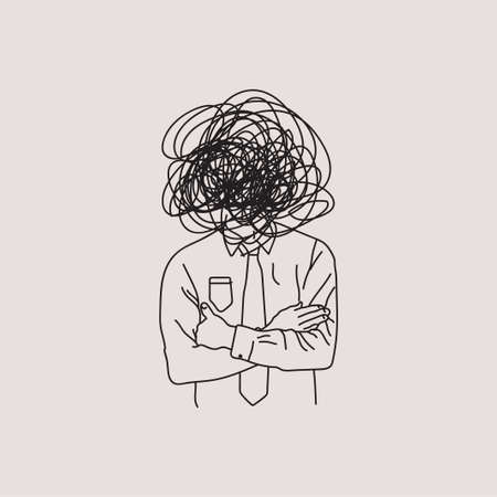 Professional or emotional or job burnout or mental health issues or panic attack concept with lined hand drawn sketch of men. Psychologic vector eps 10 illustration for blog article of social network post.のイラスト素材