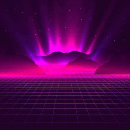 Vaporwave aesthetic neon glowing laser grid with mountains silhouettes with starry night sky. Futuristic abstract vector eps 10 illustration.のイラスト素材