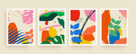 ight colorful trendy minimalistic summer background set with abstract tropical leaves and abstract hand drawn shapes for flyer or brochure cover or banner design. Vector eps 10 illustrationのイラスト素材