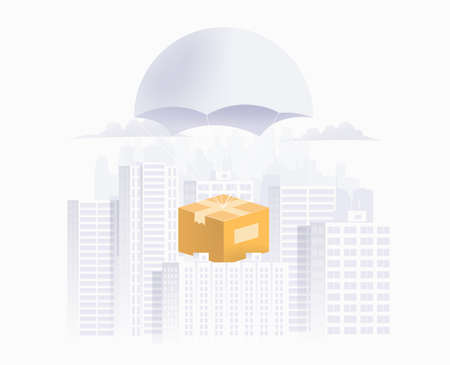 Delivery service concept. Giant package box descends by parachute to the city. Shipping banner design template. Vector eps 10 illustration.のイラスト素材