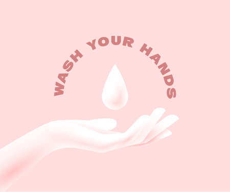 Disinfection concept. Woman hand silhouette with liquid soap drop above. Applying a moisturizing sanitizer. Washing hands concept. Isolated on pink background. Vector eps 10 illustrationのイラスト素材