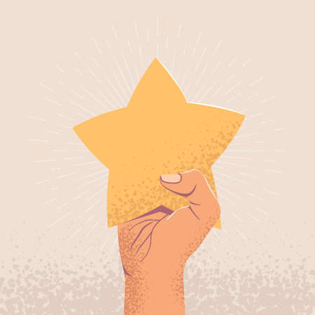 Raised up arm holding star. Costumer feedback or star rating concept. Vintage styled vector eps 10 illustration.のイラスト素材