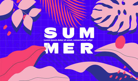 Summer time banner or background design template with blue plaid pool background and pink tropical leaves. Vector eps 10 illustrationのイラスト素材