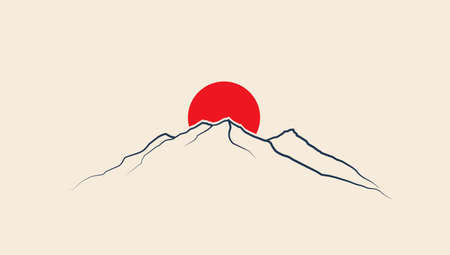 Red sun above mountains line silhouette. japan motive. Minimalistic vector eps 10 illustrationのイラスト素材
