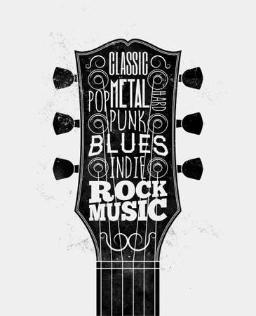 Black guitar fretboard silhouette with rock music styles captions. Rock-n-roll music poster design concept. Vintage styled vector eps 10 illustrationのイラスト素材