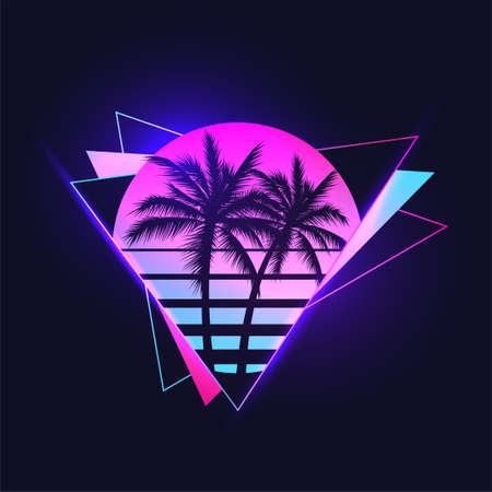 Retrowave or synthwave or vaporwave aesthetic illustration of vintage 80's gradient colored sunset with palm trees silhouettes on abstract triangle shapes background. Vector eps 10 illustrationのイラスト素材